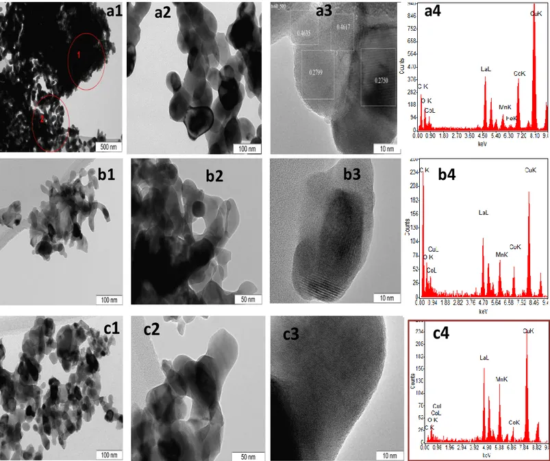 Figure 11. TEM images and EDX spectra for a1, a2, a3 and a4)  LaCo 0.8 Mn 0.2 O 3,  b1, b2, b3 and b4)LaCo 0.5 Mn 0.5 O 3  and c1,c2,c3 and c4)  