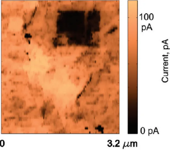 Figure 2.7: Due to the local electric field induced by a conductive atomic force microscopy tip, graphene can be locally oxidized.