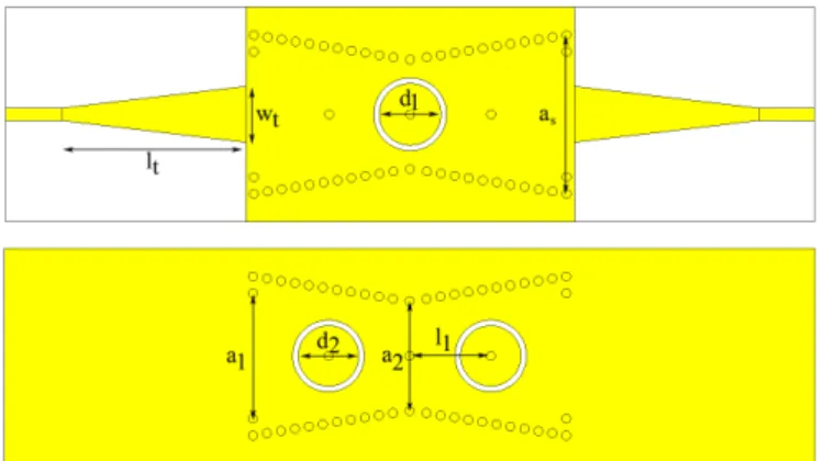 Fig. 1. Configuration of the proposed SIW bandpass filter. Top (upper) and bottom (below) views.