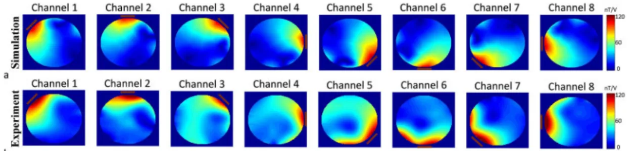 Figure 2.8: (a) Simulation (b) and MRI experiment results for B + 1 -map of each chan- chan-nel.