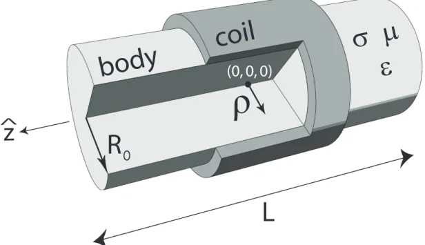 Figure 2.1: Geometrical structure of the studied practical sample. R 0 , L, σ, ϵ and µ are the radius, length, conductivity, permittivity and permeability of the sample, respectively