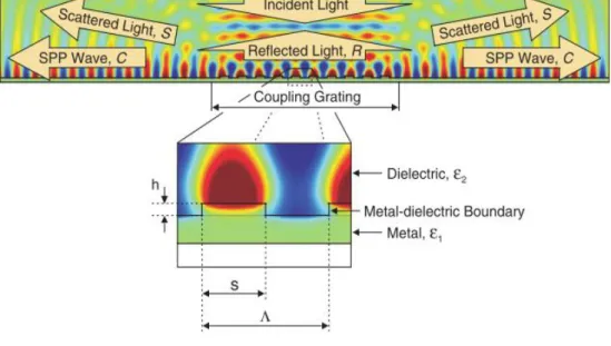 Figure  2.6:  Field  profile  of  light-to-surface  plasmon  polariton  coupling  by  a  grating  at  a  metal/dielectric interface