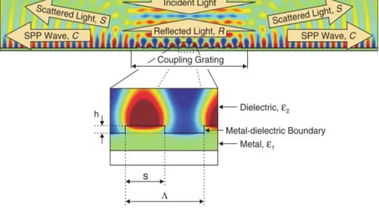 Figure  2.6:  Field  profile  of  light-to-surface  plasmon  polariton  coupling  by  a  grating  at  a  metal/dielectric interface