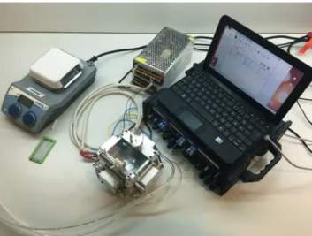 FIG. 7. Test set-up. The final test set-up is illustrated in this figure. In this figure, the Daqbook, which is an  Ethernet-based, 16 Bit, 200 kHz data acquisition system, and the computer, in addition to the anesthesia and injection system are observed