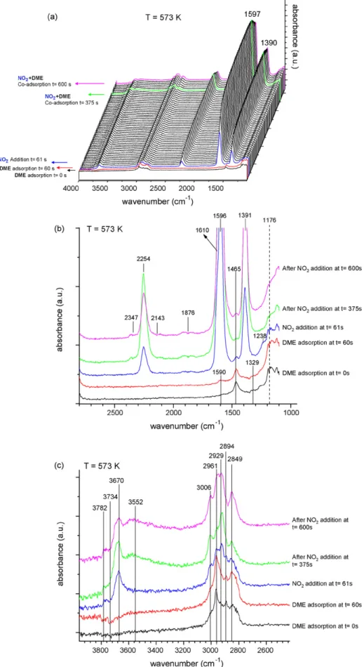 Fig. 4. Time-dependent in-situ FTIR data for the sequential DME and NO 2 co-adsorption on g-alumina at 573 K