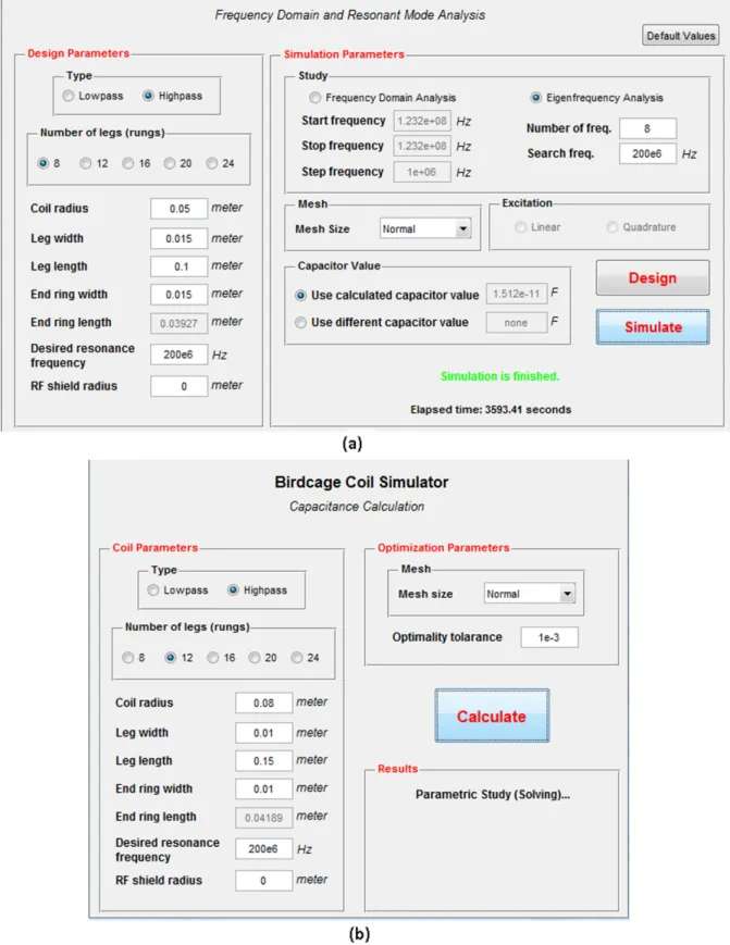 Figure 6 Graphical user interfaces of the simulation tools: (a) for frequency domain and res- res-onant mode analysis (RM-FDA) (b) for optimum capacitance calculation (OptiCF).