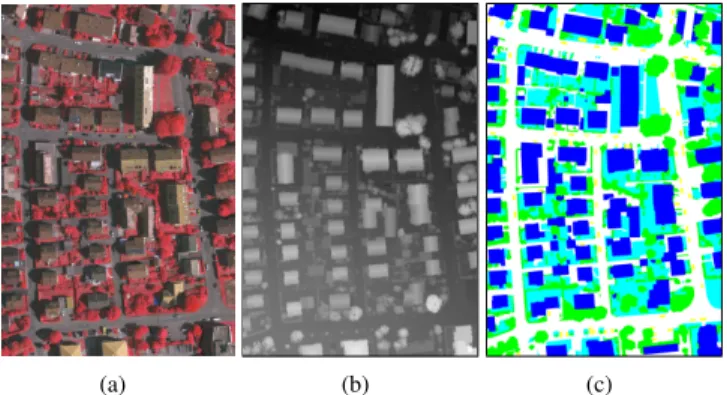 Fig. 1. An example test area used in this paper. (a) Ortho photo. (b) DSM. (c) Reference data with class labels:  imper-vious surfaces (white), building (blue), low vegetation (cyan), high vegetation (green), car (yellow).