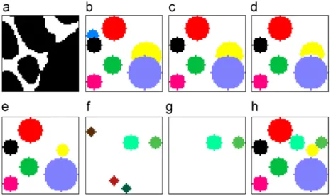 Fig. 2. The steps for locating circular primitives for a cluster: (a) pixels that belong to the cluster are shown with black; (b–e) the results of each iteration in the first run;