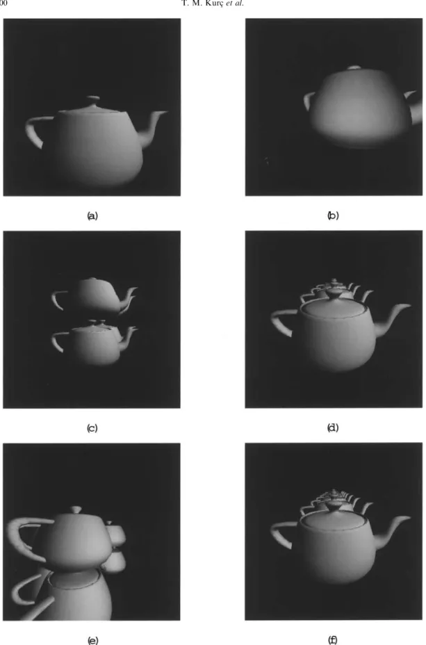 Fig. 8. Rendered images of the scenes used in the experiments on iPSC/2: (a) 1 POT scene, (b) 2 POT scene, (c) 4 POT_1 scene, (d) 4 POT_2 scene, (e) 8 POT_1 scene, (f) 8 POT_2 scene