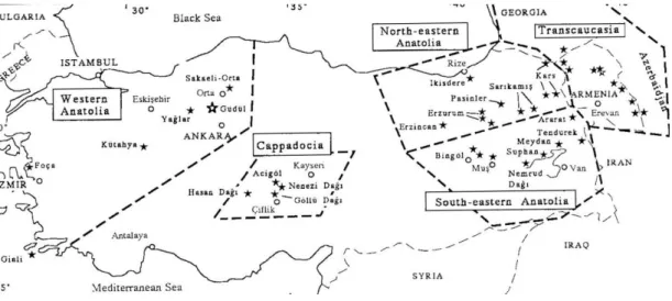 Figure 3. Location of the main obsidian sources in Anatolia and Transcaucasia  (Chataigner, C., Poidevin, J.L., Arnaud, N.O