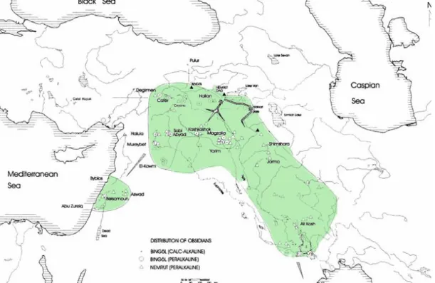 Figure 7. Distribution of Southeastern Anatolian obsidians (Chataigner, C.,  Poidevin, J.L., Arnaud, N.O