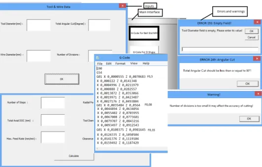 Figure 8  User interface and generated G-code for the fabrication of micro ball end mills   (see online version for colours) 