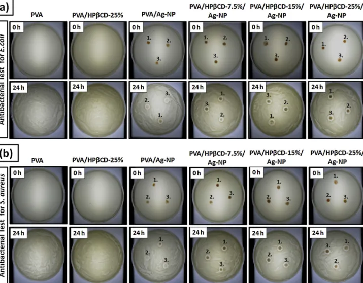 Fig. 6. The photographs of antibacterial testing of nanoﬁbrous mats which were performed against (a) E