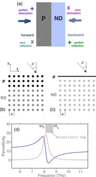 FIG. 1. (Color online) (a) Schematic illustrating perfect one-way absorption in structures with broken structural symmetry; examples of the structures composed of both polar (lossy) dielectrics and nondispersive (lossless) dielectrics in one configuration 