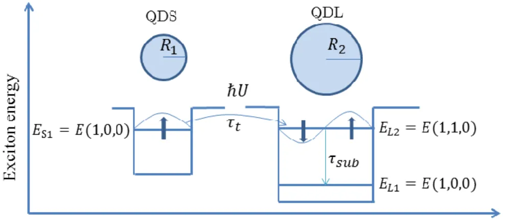 Figure 3.5.1 Optical near-field interactions between two spherical quantum dots with the  size ratio of  R R 2 1  1.43 .There is a resonance between (1,0,0) level of QDS and (1,1,0)  level of QDL