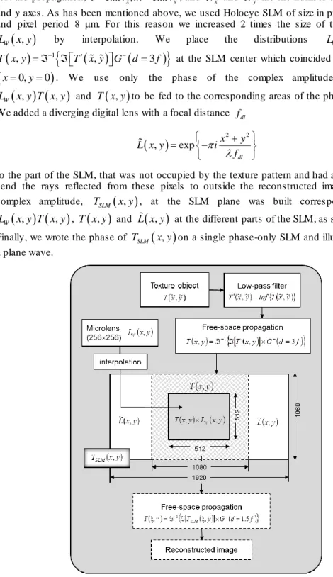 Fig. 6. Algorithm to visualize the textured pattern with a microlens, reconstructed from an off - -axis hologram (only phase distributions are applied to a phase-only SLM)