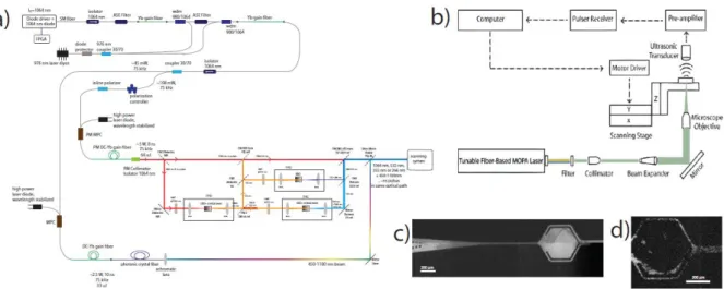 Fig. 1 a) The fiber laser system, supercontinuum and harmonic generation outputs, b) OR-PAM system based on the  fiber laser system c) PAM image of Bombay Indian Ink inside microfluidic channels, excitation wavelength is 680 nm,  d) Red blood cells inside 