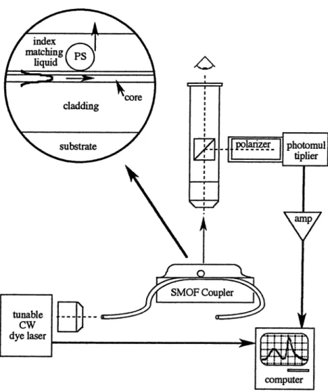 Figure 5. Schematic of the experimental setup with inset to depict the microsphere on the wetted surface of the SMOF coupler.