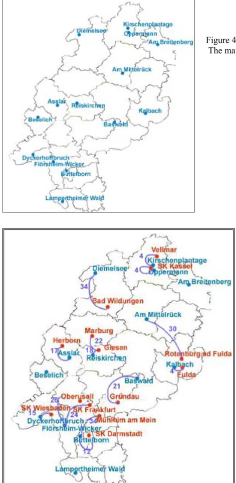 Figure 4.10   The optimized locations for p=14, and the match of each optimized landfill to its closest existing landfill, Hessen
