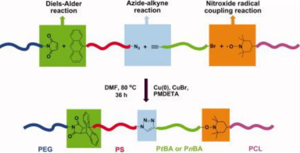 Figure 4. Synthesis of heterograft polymers using orthogonal CuAAC – Diels- Diels-Alder – Nitroxide Coupling reactions