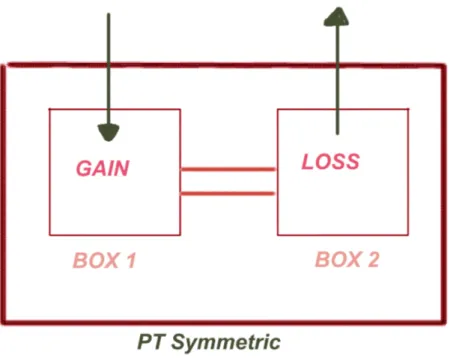 Figure 2.1: Schematic representation of a PT symmetric system. Two coupled boxes which are in contact with environment experience the same amount of loss and gain.
