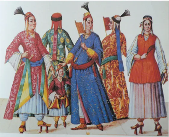 Figure 5.2 Styles of dress of five women from the Ottoman court (sixteenth century)  (And, 1993) 