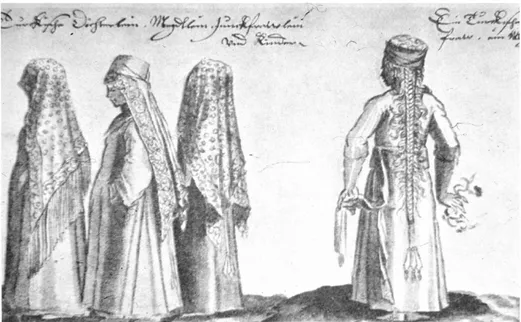 Figure 5.5 Three women with their outerwear and another woman with saçbağı (hair  accessory) (Gürtuna, 1999)