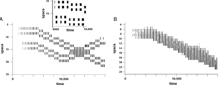 Fig. 5. (A) Spiking pattern of neurons in Layer 1 during attentive tracking of a single object (from t = 0 to t = 18,000)