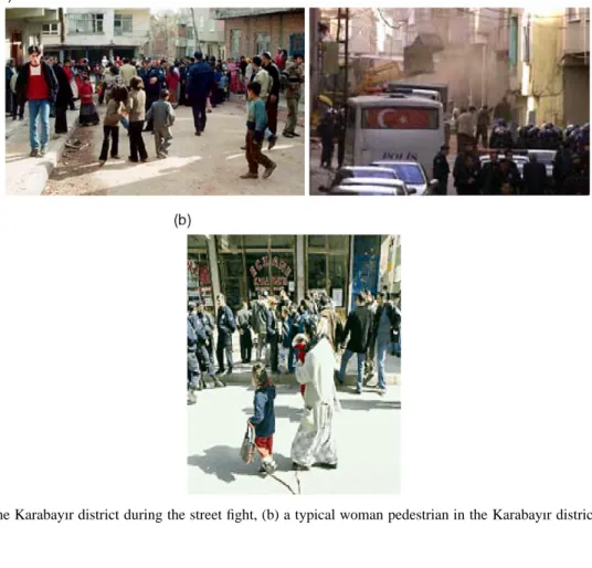Figure 2 (a) The Karabayır district during the street fight, (b) a typical woman pedestrian in the Karabayır district where Siirtans reside