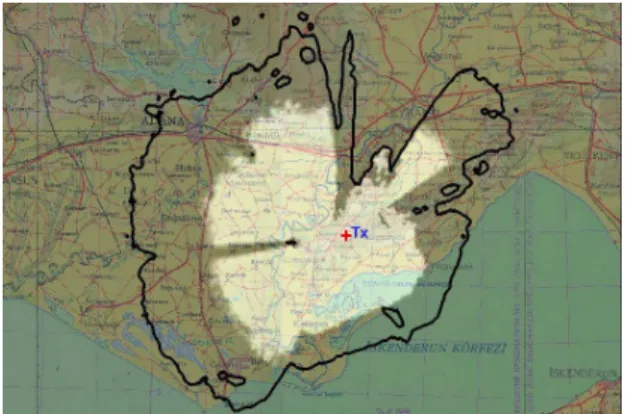 Figure 5. Coverage contour (-90 dBm) of Adana (N 36º 49’ 35”,  E 35º 37’ 53”) land mobile base station and the talk-back 