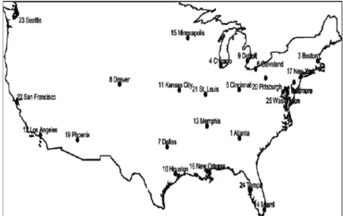 Fig. 1. Locations of demand nodes and possible hub locations for the CAB data set.