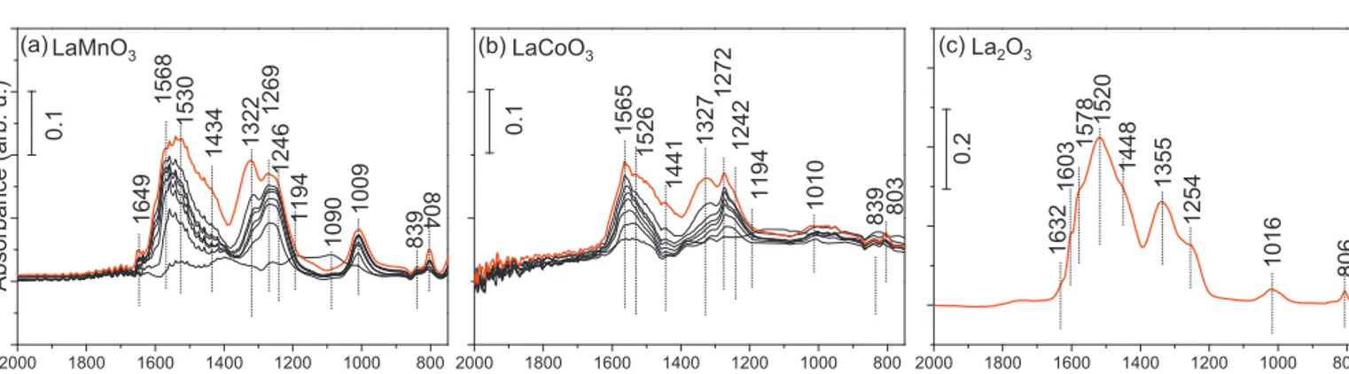 Fig. 6. FTIR spectra corresponding to the stepwise NO 2 adsorption at 323 K on the (a) LaMnO 3 (b) LaCoO 3 and (c) La 2 O 3 samples