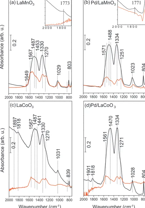 Fig. 10. FTIR spectra corresponding to the NO 2 saturated surfaces of (a) LaMnO 3 , (b) Pd/LaMnO 3 , (c) LaCoO 3 and (d) Pd/LaCoO 3 samples at 323 K