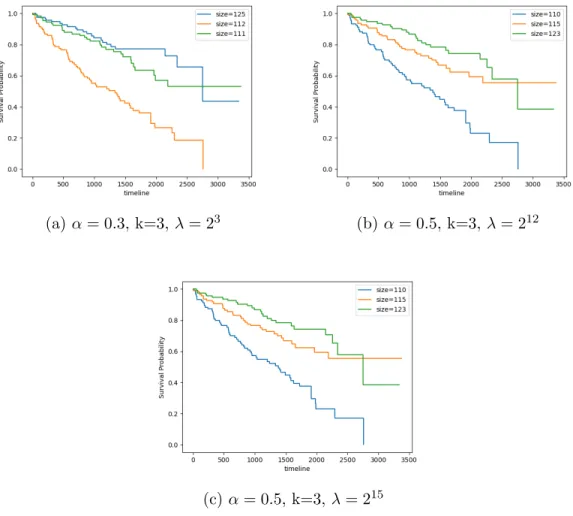 Figure 5.4: Kaplan-Meier survival curves of the best clustering solutions for KIRC for number of cluster k = 3 with smoothing parameter α = 0.3, α = 0.5, α = 0.5 and λ = 2 3 , λ = 2 12 , λ = 2 15 , respectively