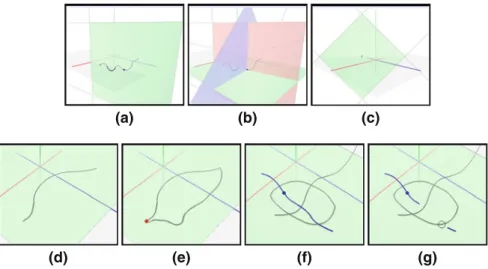 Fig. 2 a, b Plane selection with a Cartesian system or (c) extruding a picking ray. d Drawing gesture with (e) snap points