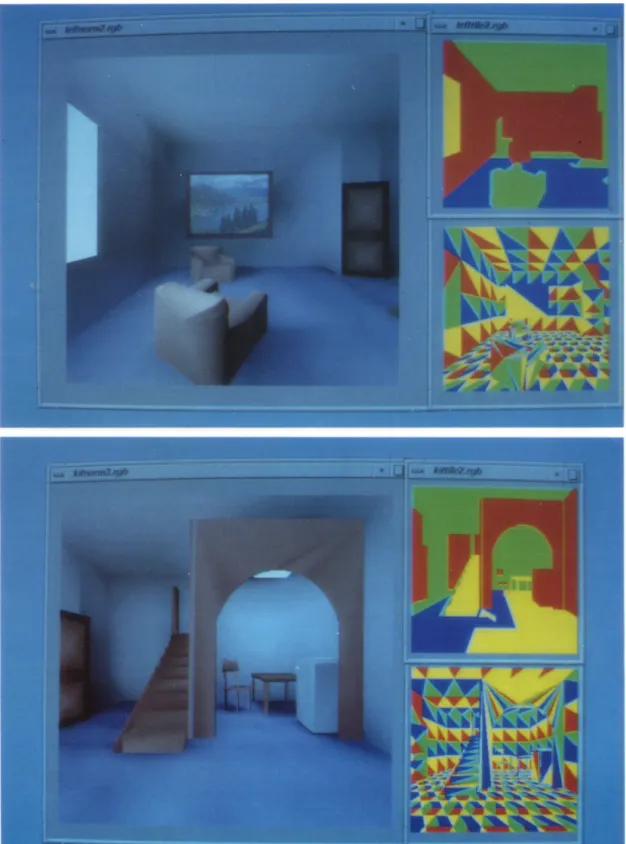 Fig.  8.  Two  views  from  the  test  scene  data  with  3424  patches,  and  their  tiled  (upper  right)  and  scattered  (lower  right)  decompositions