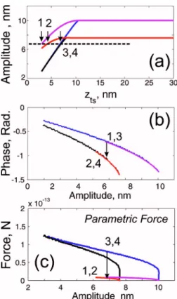 FIG. 1. 共Color online兲 Excitation of the second order mode through para- para-metric mode coupling as a function of tip-sample separation during tapping with the fundamental mode in attractive regime
