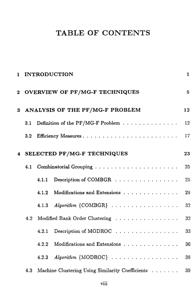 TABLE  OF  CONTENTS 1  INTRODUCTION 2  OVERVIEW  OF  PF/M G-F  TECHNIQUES 4  SELECTED  PF/M G -F  TECHNIQUES 4.1  Combinatorial  Grouping 4.1.1  Description of C O M B G R ..............................................