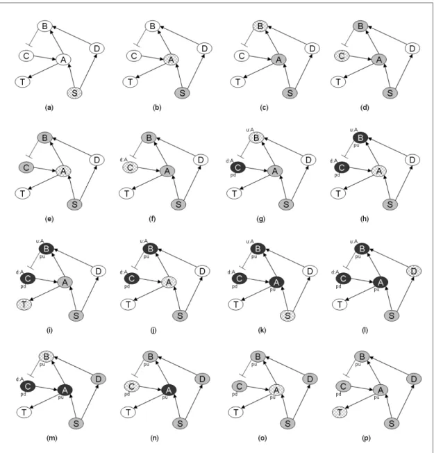 Fig. 5. A demonstration of the inference algorithm on a sample cyclic graph. Nodes on the current path are filled with gray and current node with texture