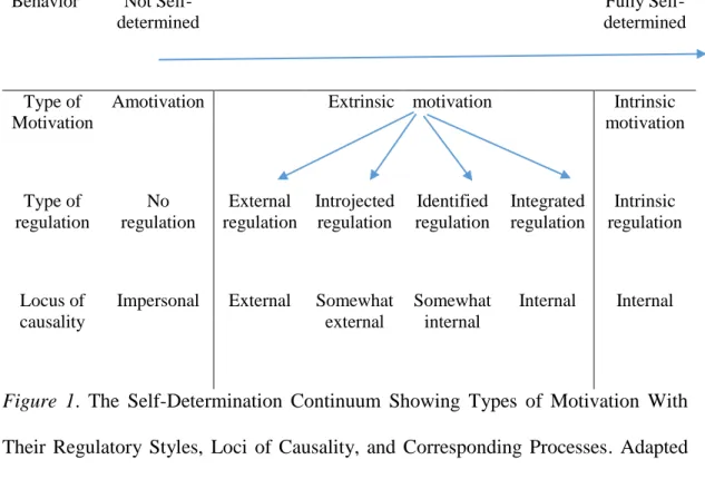 Figure  1.  The  Self-Determination  Continuum  Showing  Types  of  Motivation  With  Their  Regulatory  Styles,  Loci  of  Causality,  and  Corresponding  Processes