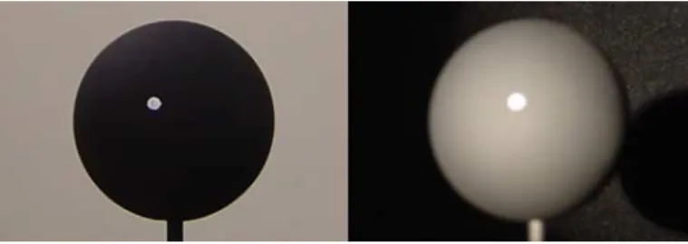 Figure 5 . Examples of the stimuli. (Left) The 2-mm matte-dot sphere under ordinary illumination in front of the white  back-ground