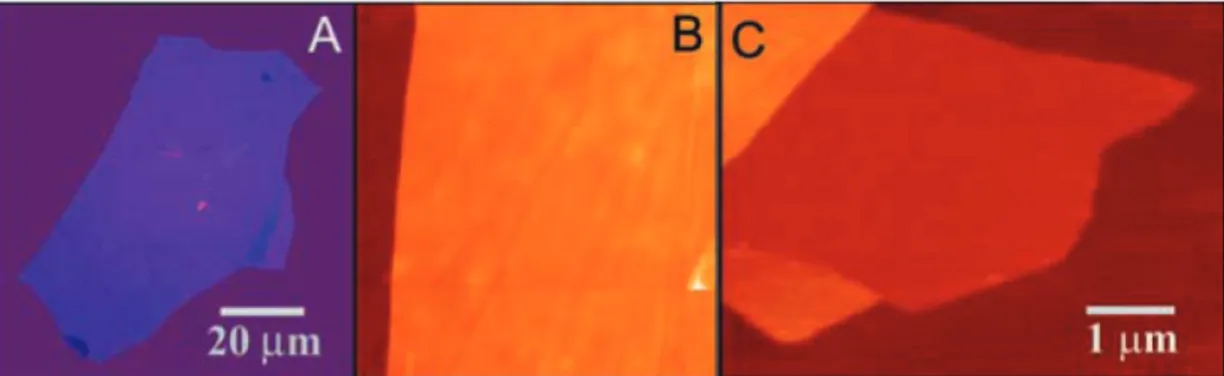 Figure 2.2: Graphene films. (a) Photograph (in normal white light) of a relatively large multilayer graphene flake with thickness ≈3 nm on top of an oxidized Si wafer