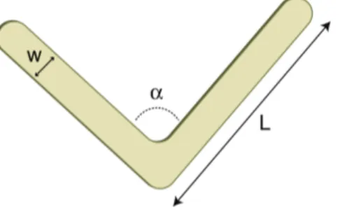 Figure 3.1: Schematic of a single plasmonic antenna with varying dimensions of length (L) and angle (α) that repeats itself to form the nanoantenna array.