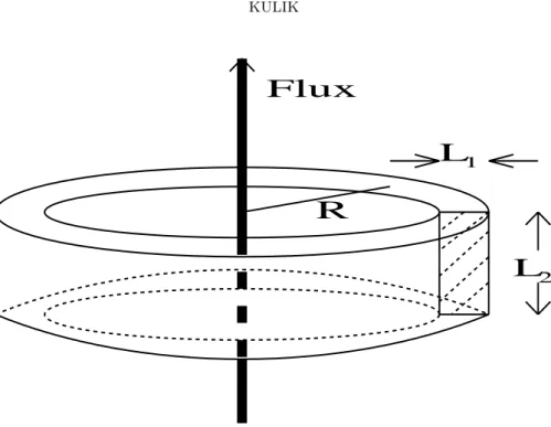 Figure 2. Aharonov-Bohm loop of radius R, cross sectional area S 0 = L 1 L 2 , and the source of magnetic flux in form of thin solenoid piercing the ring.