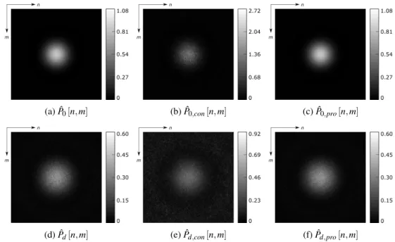 Fig. 1: The simulation results are shown as gray scale images at z = 0 and z = d = 20 cm for N = 512