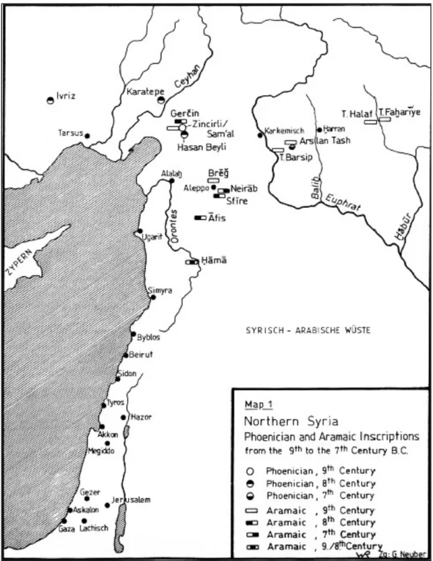 Figure 9: Map of Phoenician and Aramaic inscriptions from the 9th to the 7th  century B.C