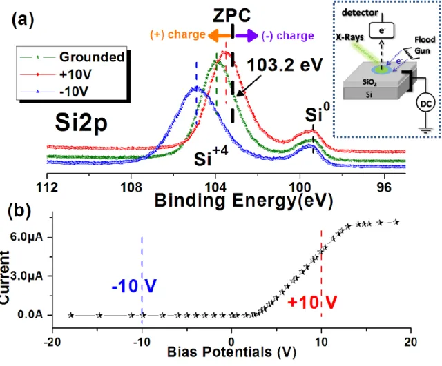 Figure 5. (a) XPS spectra of the Si2p region of a SiO 2 /p-Si sample connected to ground  (green) and to +10 V(red) and  – 10 V (blue) external DC stresses