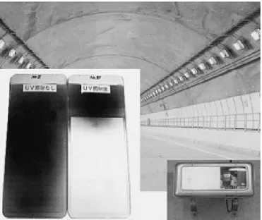 Figure  2.3.1  Glass  covers  on  tunnel  lighting  lamps  contaminated  by  automobile  exhaust  without TiO 2  and maintained clean with TiO 2  coating (after [21])
