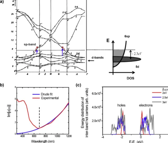 Figure 10 (a) Band diagram of gold, reproduced from Ref. [61]. We also show the intra-band and inter-band transitions (red and blue arrows)