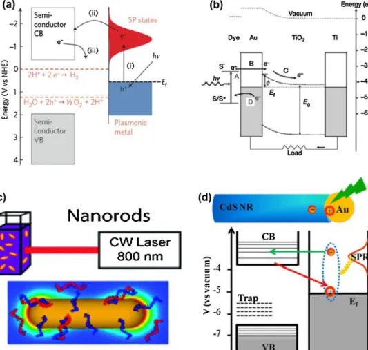 Figure 14 (a) Schematics of the water splitting reaction utilizing plasmonic carriers